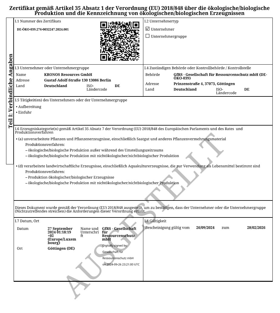 Kronos Resources BIO-Zertifikat
